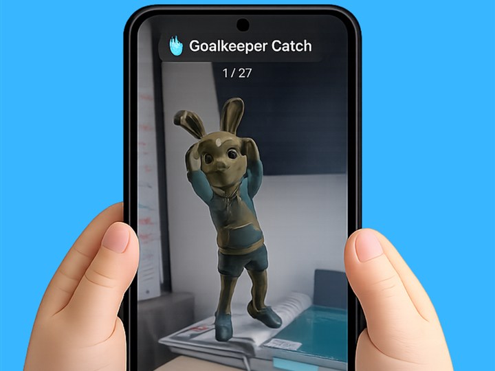 Interactive 3D AR Exercise: Copy 3D characters that stretch, dance, and catch while narrating full movement phrases together.